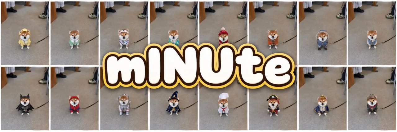 mINUte banner: sixteen photos of the inu in different outfits